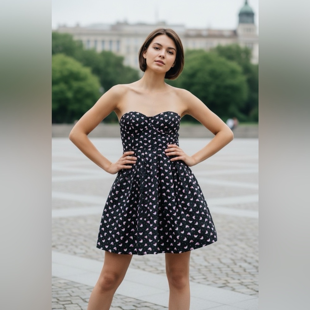 Derek Heart Jr Women Sz L Black Pink Bird Print Strapless Mini Dress Shelf Bra